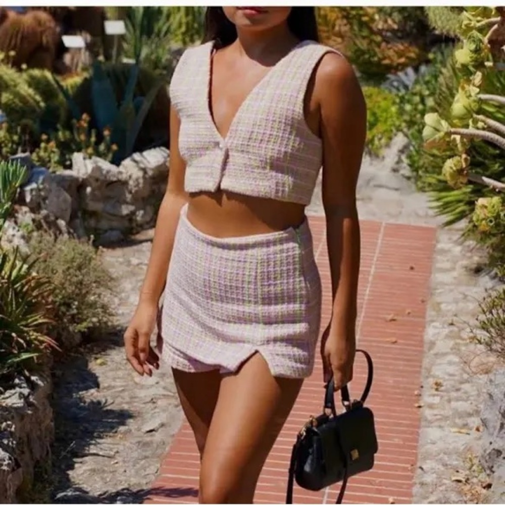 Zara Pink and Green Tweed Crop Top